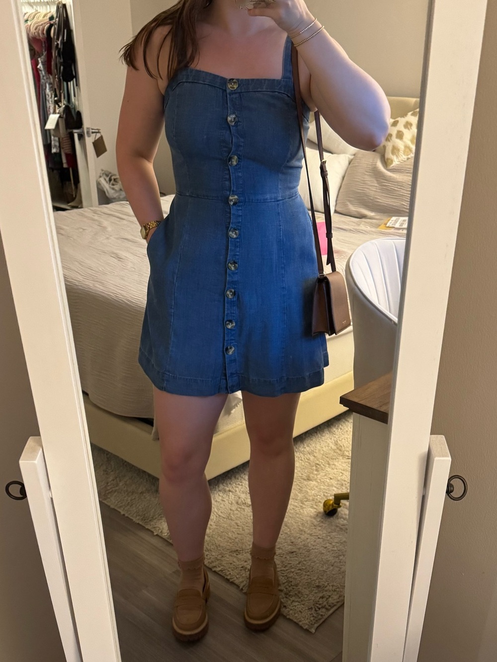 LOFT Chambray Denim Linen Blend Button Up Mini Dress with Pockets